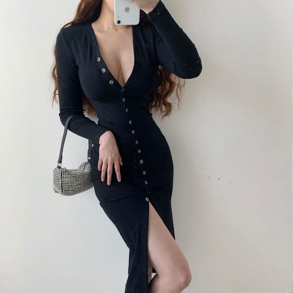 

winter europe autumn new big v-neck thin temperament breasted fashion slim bottoming buttock full sleeve dress robe l9m1, Black;gray