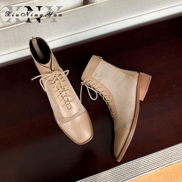 

boots xiuningyan fashion women's ankle genuine leather ladies handmade square toe skinny woman stretch, Black