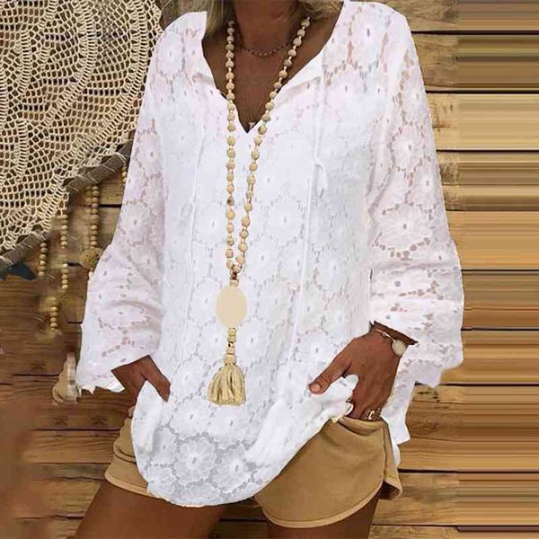 

Long Sleeve V Neck Casual Blouse Front Lace Up Lace Crochet Hollow Women Autumn Blouse Pullover Top, White