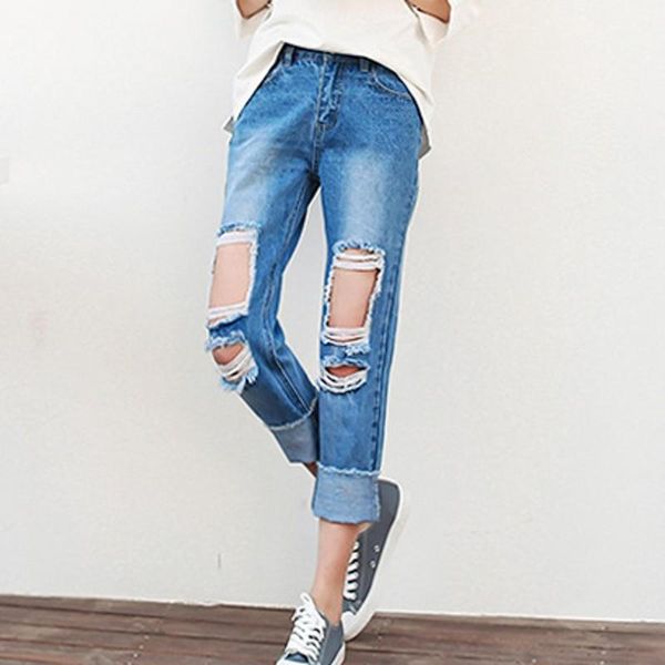 

new ripped jeans loose boyfriend jeans femme woman 7js003, Blue