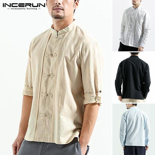 

incerun man chinese style shirts casual long sleeve stand collar shirt men vintage solid color tang suit blouse summer 5xl71, White;black