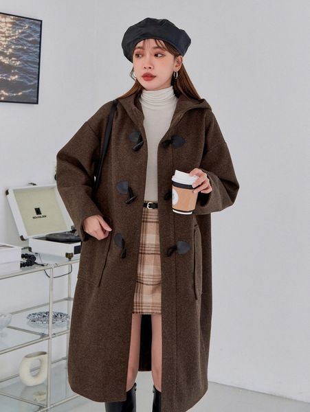 

dazy drop shoulder patched pocket duffle hooded overcoat f97b#, Black