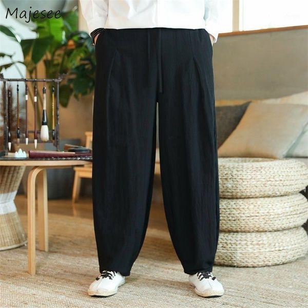 

men casual pants linen plus size 5xl drawstring pleated solid loose lantern wide leg trousers harem fashion trendy, Black