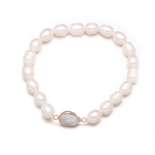 

New 8-9mm freshwater pearl inlaid agates bracelet Simple fashion party jewelry personality gift size 19cm1, Golden;silver