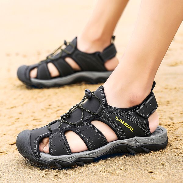 

casual size large male beach sandals outdoors patent leather shoes summer sandalwood hombre sandales homme toe h5tx, Black