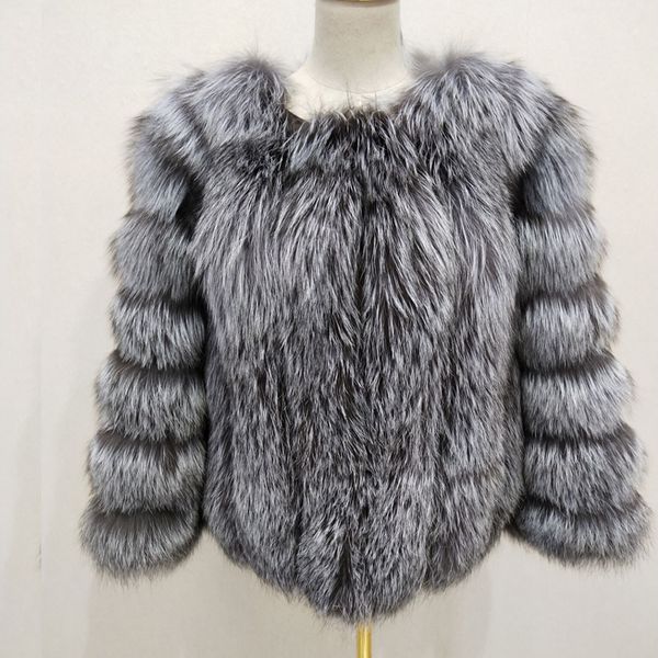

silver new natural fox women's long fur paragraph all vertical leather jacket cqg8, Black