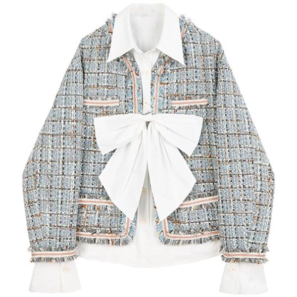 

superaen tweed plaid turn down collar coat women's autumn fake two bow shirt splicing jackets fashion, Tan;black