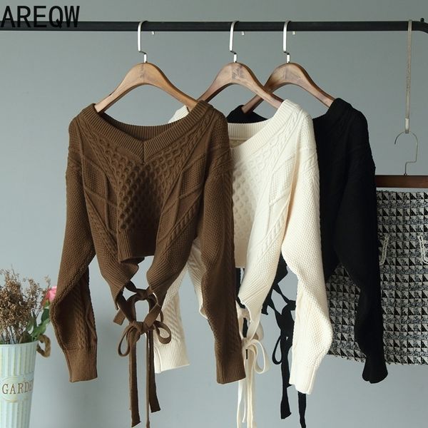 

long-sleeved knitted pullovers women's autumn clothes new back butterfly knot with round collar clothing short sweater 201109, White;black