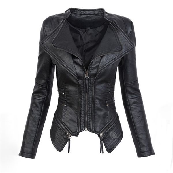 Siyah Gotik Faux Deri PU Ceket Kadınlar Kış Sonbahar Moda Motosiklet Ceket Ceket Punk Fermuar Giyim Artı Boyutu Güz Coat 201030