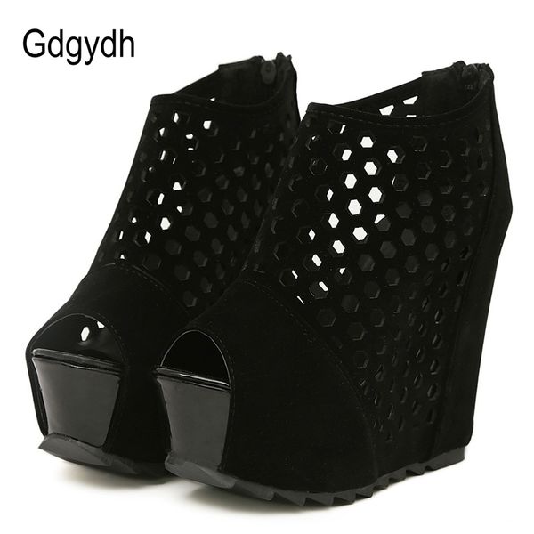 

gdgydh zipper platform wedges shoes for women flock spring ladies party shoes fashion summer peep toe pumps women hollow out y200111, Black