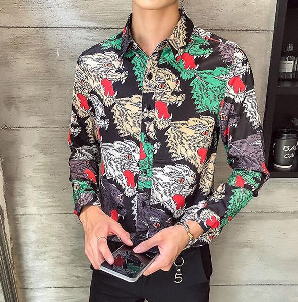 

men's casual shirts fashion long printed slim fit shirt male, White;black