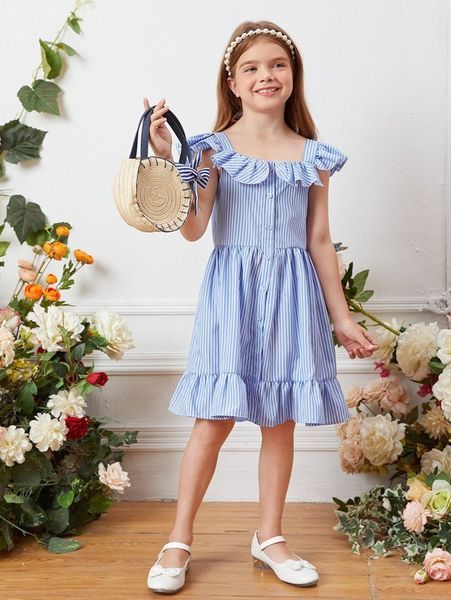 

girls striped print ruffle hem button front a-line dress she, Red;yellow