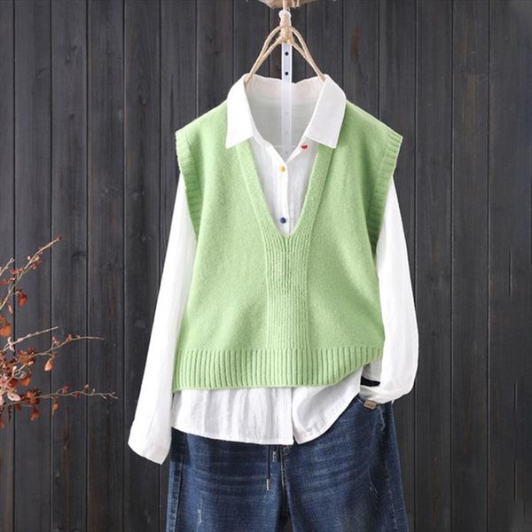 

свободные сплошные цвета v шеи вязаный свитер жилет женский простые пригородные без рукавов мода свитер жилет пуловера женщины весна 2020, White;black