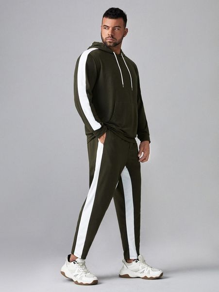 

extended sizes men contrast sideseam hoodie and sweatpants set v7da#, Gray