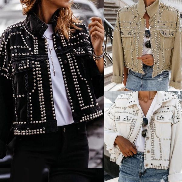 

women's fashion short washed denim locomotive windproof jacket with rivet decoration cool jacket women 2021 femme veste 5*1, Black;brown
