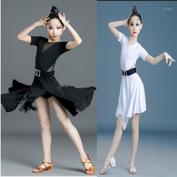 

children's latin dance skirt tassel girl practice clothes professional competition examination dance ballroom tango costume1, Black;red