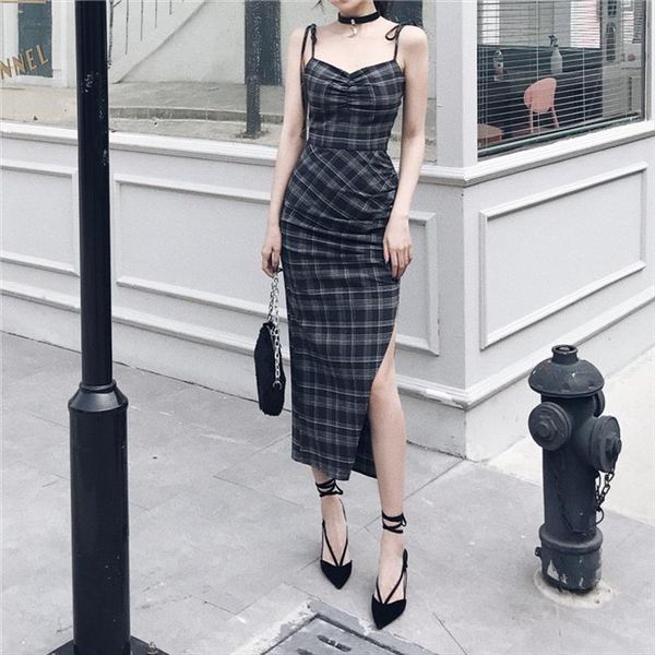 

punk gothic women summer black plaid deep v neck dress party club wear dark halter high waist split dresses elegant, Black;gray