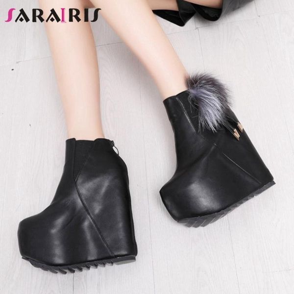 

sarairis solid high heels winter boots women casual party dress boots ladies round toe platform wedges brand ankle shoes1, Black