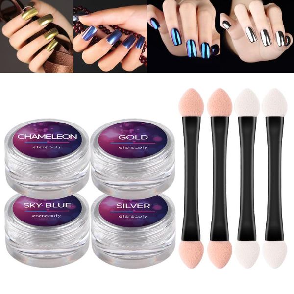 

etereauty 4pcs mirror nail powder nail pigment shining metallic nails & 4pcs dual sides sponge applicator makeup brush, Silver;gold