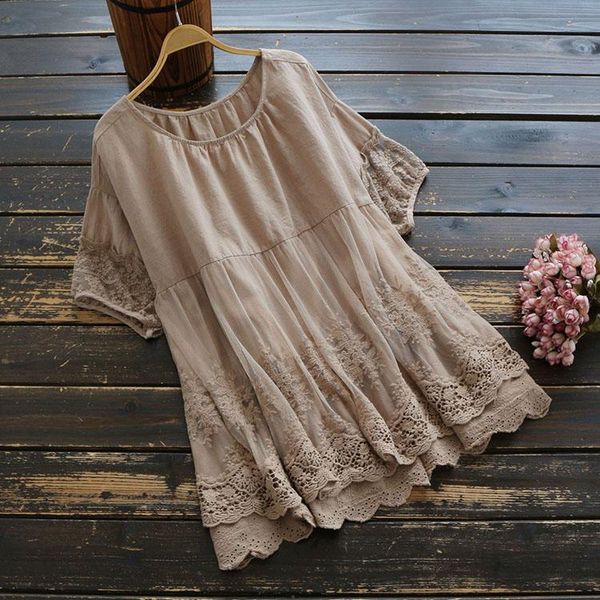 

women plus size lace stitching blouse 2021 embroidery shirts short sleeve solid female layers summer shirt, White