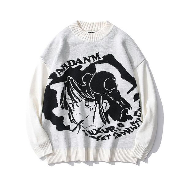 

men sweater hip hop streetwear harajuku o-neck oversize retro japanese style anime pullover cotton couple sweaters, White;black