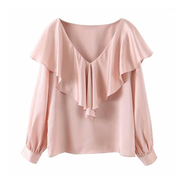 

women sweet pink ruffled blouse v neck long sleeve cute shirts preppy style 2020 casual cozy stylish blusas1, White