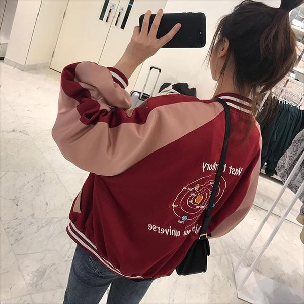 

2020 autumn winter clothes women jacket streetwear new korean style coats matching loose embroidery uniform outerwear, Black;brown