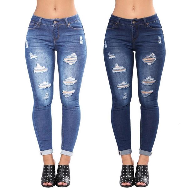 

2020 new skinny jeans pancil pants women high waist slim hole ripped denim jeans casual stretch skinny trousers jeans, Blue