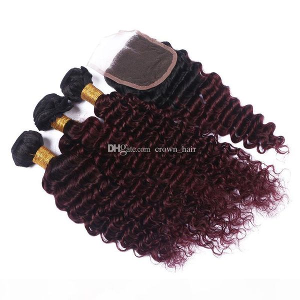 

dark roots malaysian deep wave hair bundles with lace closure ombre color burgundy 1b 99j hair extensions with lace closure 4pcs lot, Black