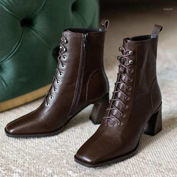 

boots fashion genuine leather square toe zip ladies ankle high heels shoes autumn winter women 20211, Black
