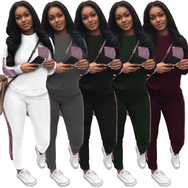 

women fashion sequin stitching sports leisure suit urban women leisure 2 piece set side striped, White
