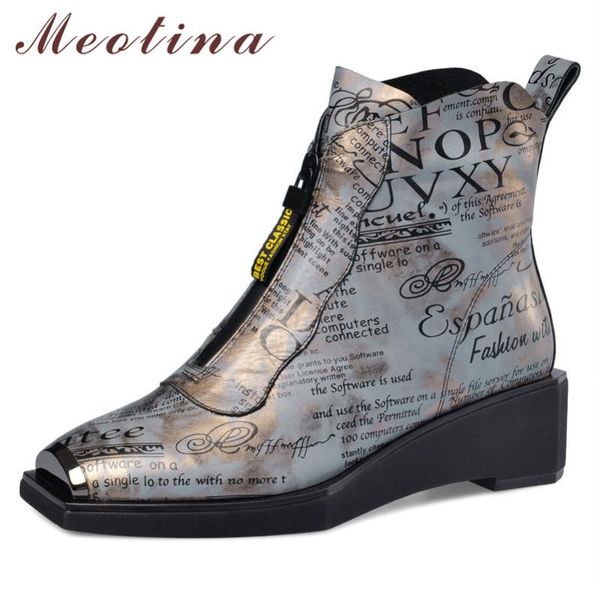 

meotina autumn ankle boots women natural genuine leather wedge heel short boots zipper square toe shoes ladies winter size 34-39, Black