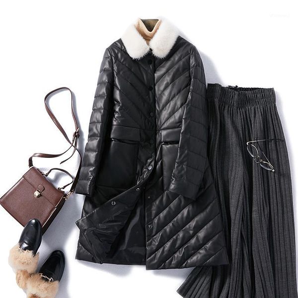

genuine leather jacket women winter real collar duck down jacket female 100% sheepskin coat veste femme w00232 yy17811, Black