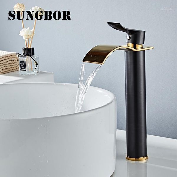 

black and gold collide, brass material, high-end and cold faucet, waterfall style, white gold outlet faucet1