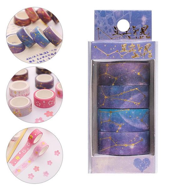 

new cartoon sticker combination hand tear tape diy sticker hand account decoration tape night sky, starry sky, march cherry 4pcs