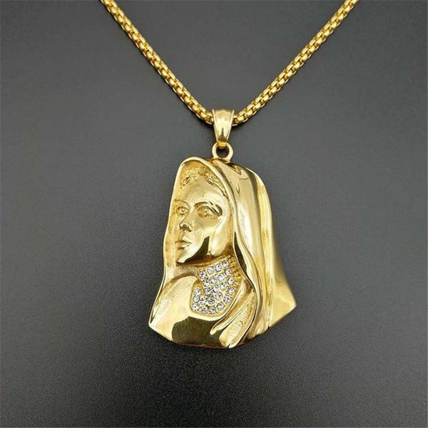 

pendant necklaces hip hop iced out virgin mary pendants gold color stainless steel chain for women christian jewelry madonna xl1063, Silver