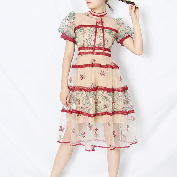 

112 2020 summer dress flora print crew neck red fashion womens dress mid calf yuqi, Black;gray