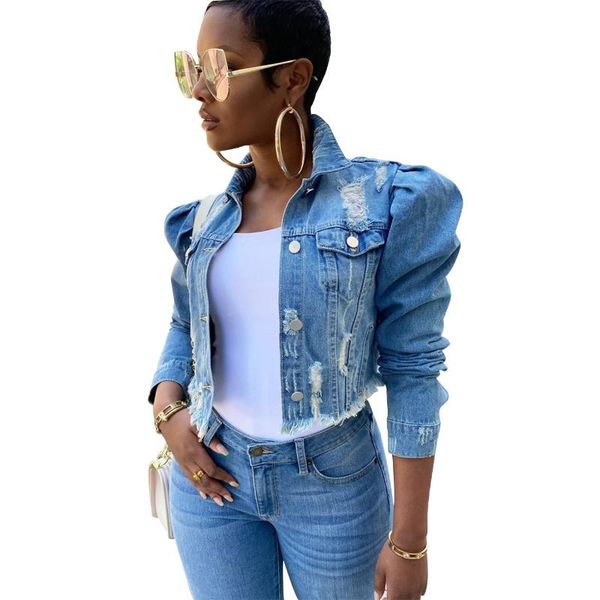 

haoohu autumn women ripped denim jackets vintage casual short jean jacket puff sleeve winter female coat streetwear, Black;brown