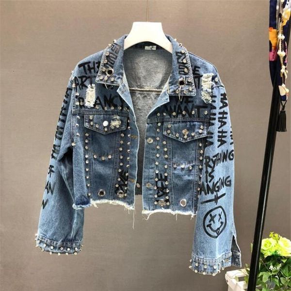 

2020 new fashion beading diamond graffiti printed short design denim jacket coat casual women cowboy jeans coats outerwear r773, Black;brown