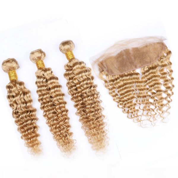 

honey blonde deep wave 3bundles malaysian hair weaves with frontal closure #27 light brown wavy human hair wefts with lace frontal 13x4, Black