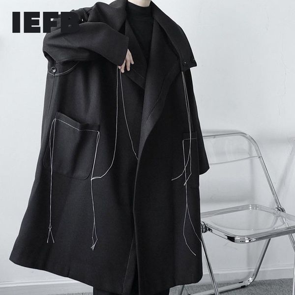 

men's wool & blends iefb autumn winter design stand collar oversized woolen coat for men black lace up strings thick long clothes 9y463