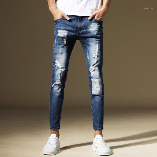 

new 2019 men's male denim jeans cropped pants autumn and winter hole slim feet scraped squat pants trousers1, Blue
