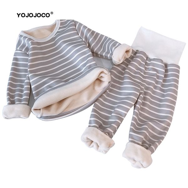 

baby clothes winter plus velvet thick warm clothing suit boys and girls home service pajamas high waist striped two-piece 220212, White