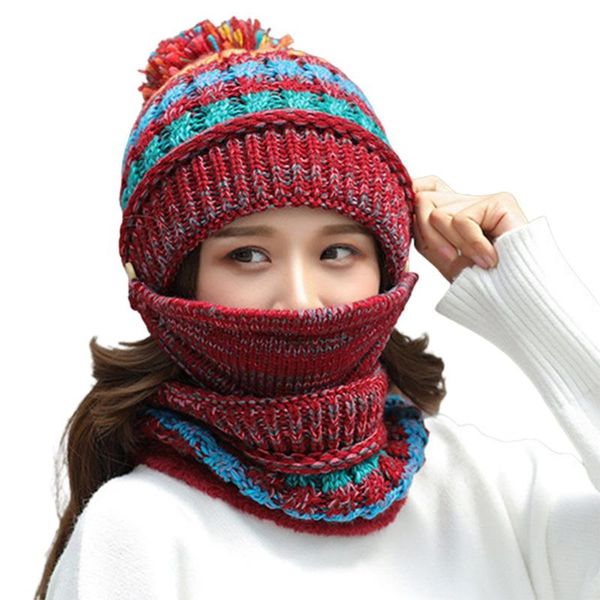 

beanie/skull caps winter hats for women mixed color stripe knitted beanies hat scarf 2 pieces sets thick warm female bonnet gifts, Blue;gray