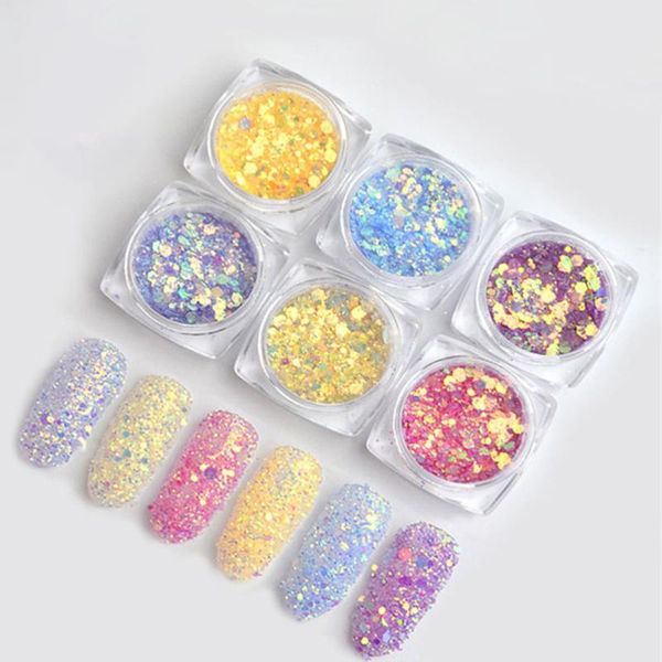 

6pcs nail powder shiny glitter sequins multicolor nail decor tip powder for home diy, Silver;gold