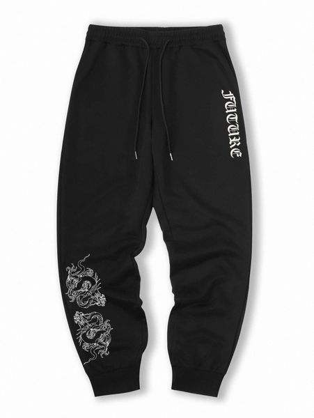 

romwe guys letter chinese dragon graphic drawstring sweatpants t0zc#, Black