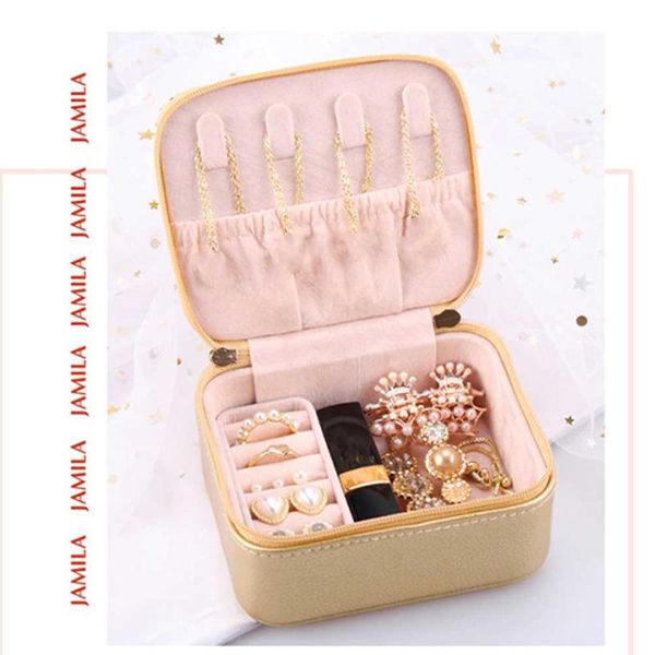 

zipper closure gift jewelry box bedroom earrings organizers multi compartment portable travel home dresser display pu leather, Pink;blue