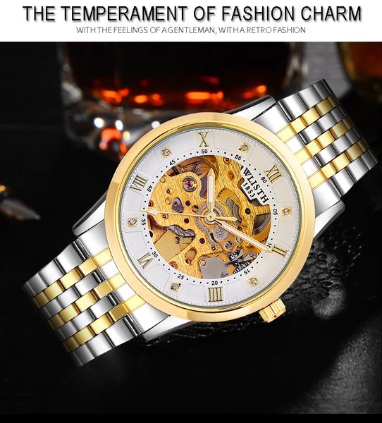 Antiguidade dos homens Wlisth New Relógios Homens Esqueleto Automático Mecânica Ouro Homem Assista Mens Forsining Luxo Relógios De Relógios