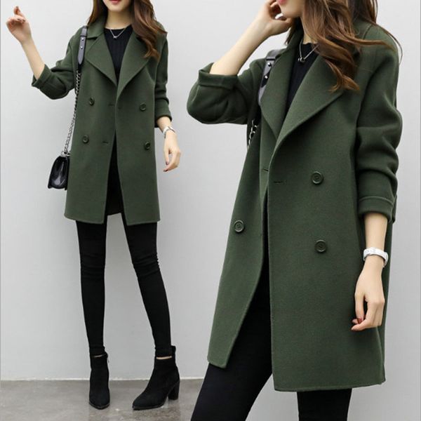

women autumn winter warm wool blends trench women's woolen 2019 new fashion long loose double-breasted coat overcoat, Black