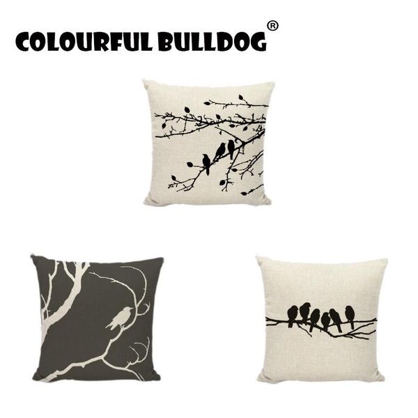

vintage ink painting cushions black birdcage bird in the tree pattern home decor bedroom farmhouse sofa seat square pillow cases